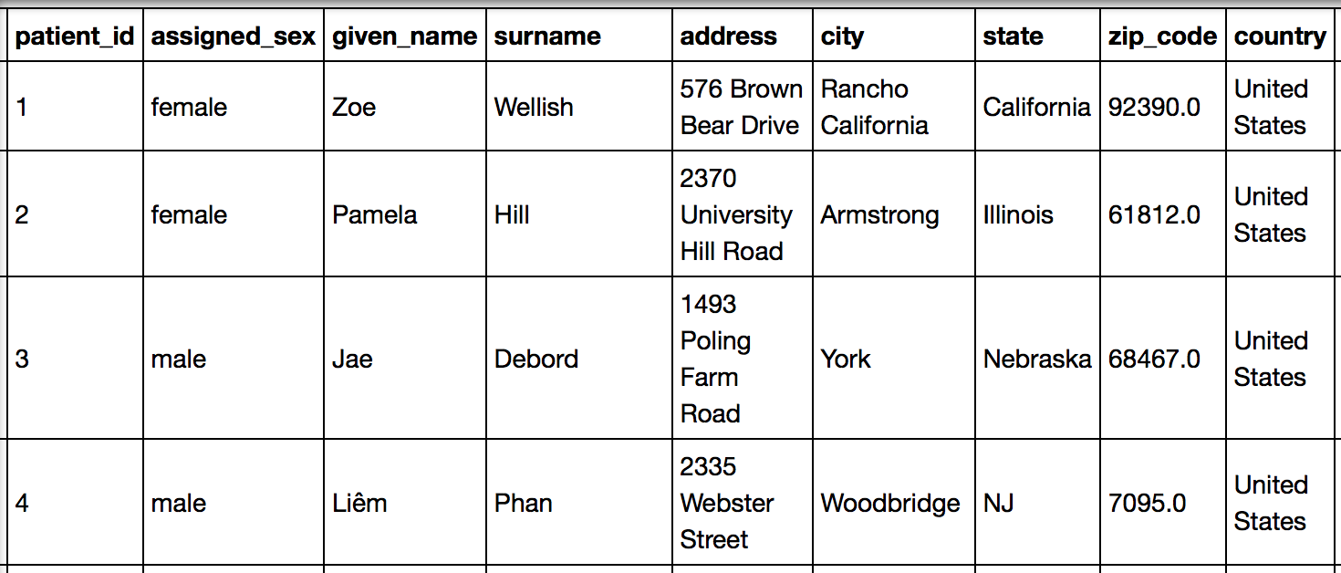 Snapshot of the *patients* table