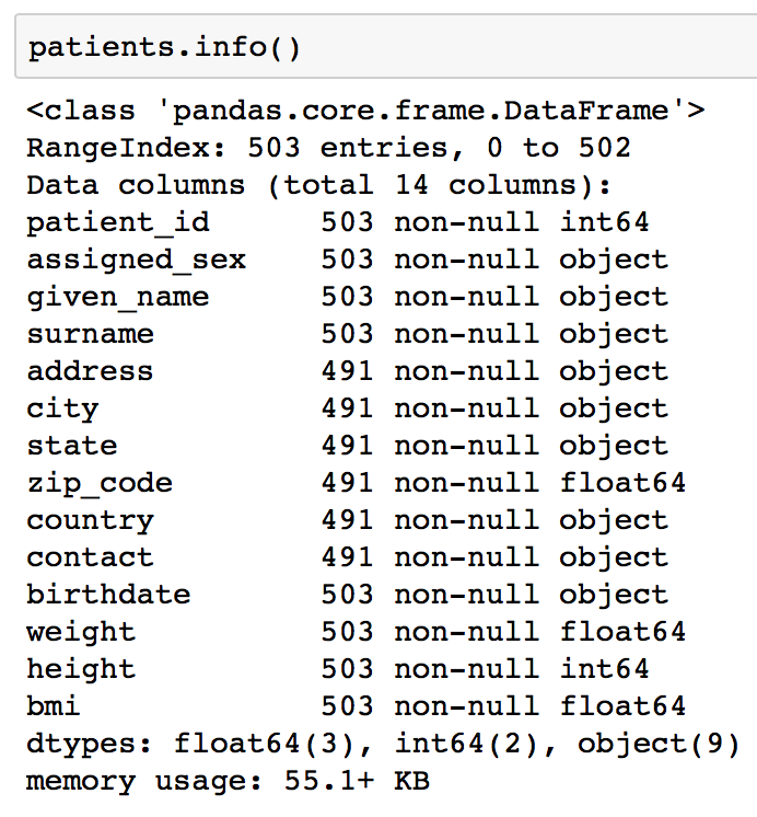 Output of `patients.info()`