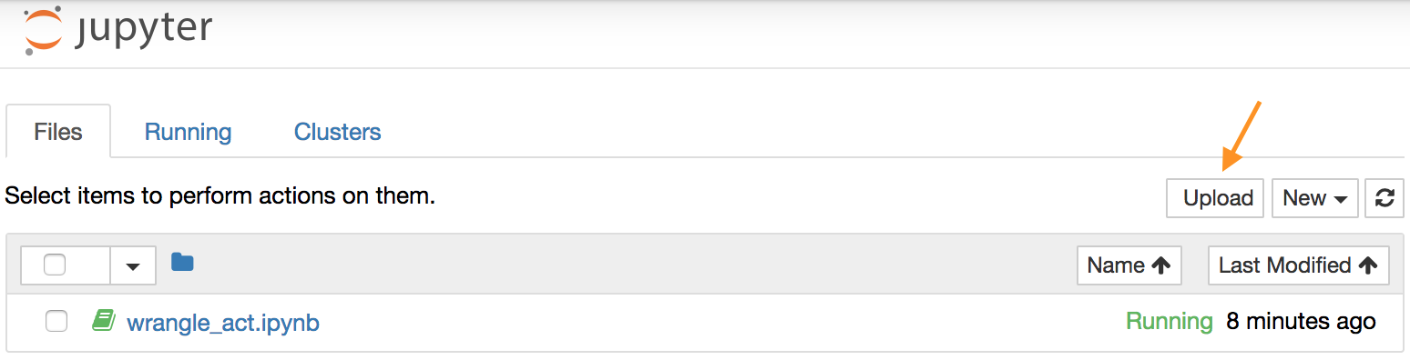 *Jupyter Notebook dashboard with arrow pointing to the "Upload" button*