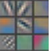 导致网络的第一层级被激活的示例规律，从简单的对角线（从左上角开始）到绿色块（底部中间部分）。