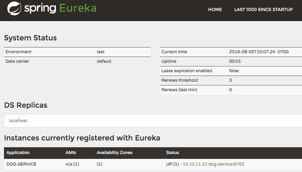 The `dog-service` is now registered with the Eureka server