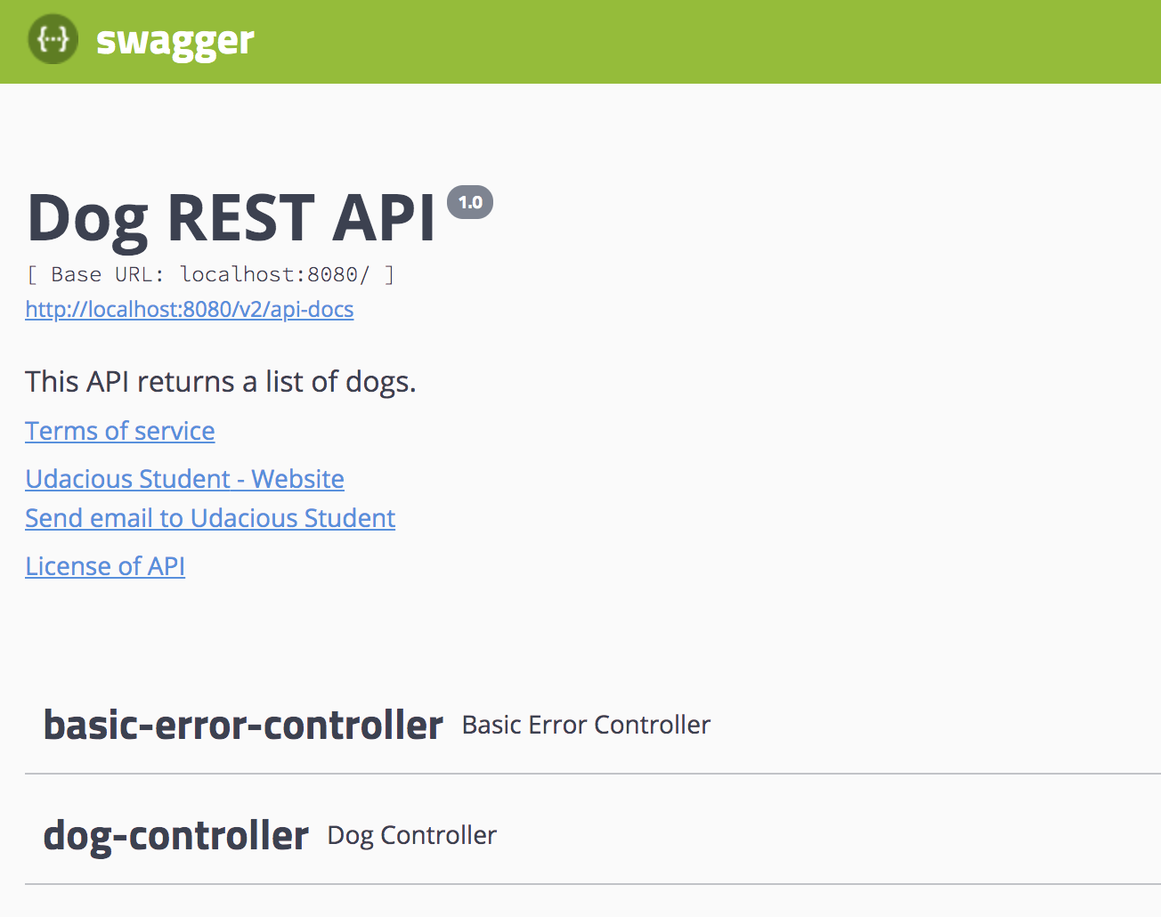 An example of the Dog REST API Swagger documentation page