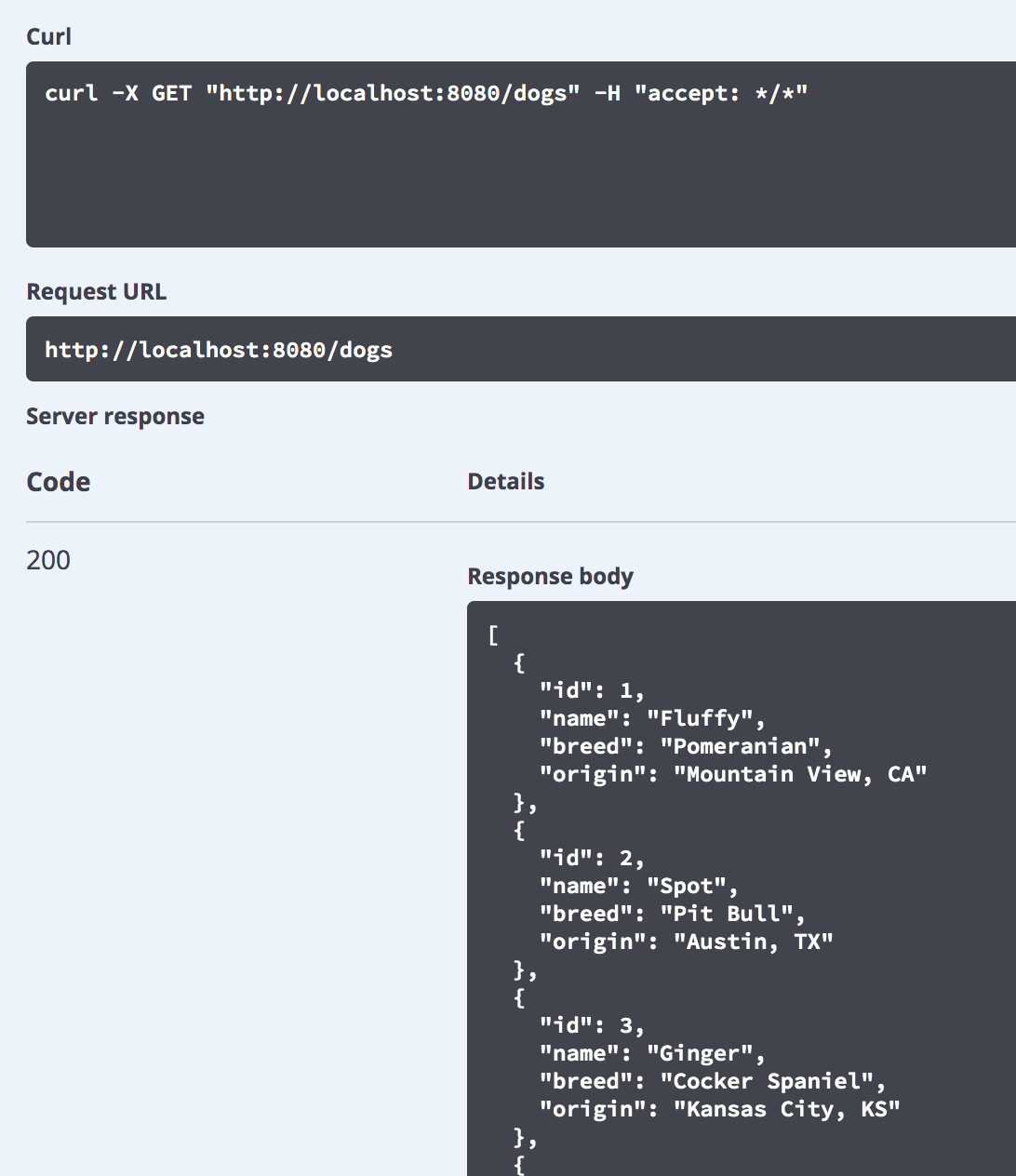 An example from an execution of `getAllDogs` in Swagger