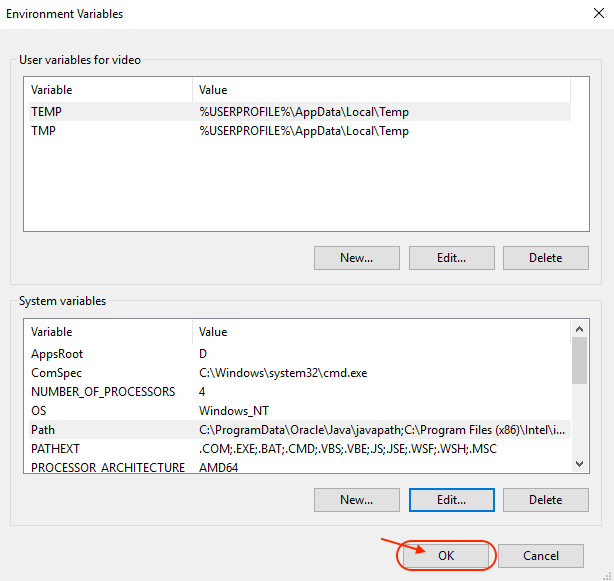 Okay in environment variables window.