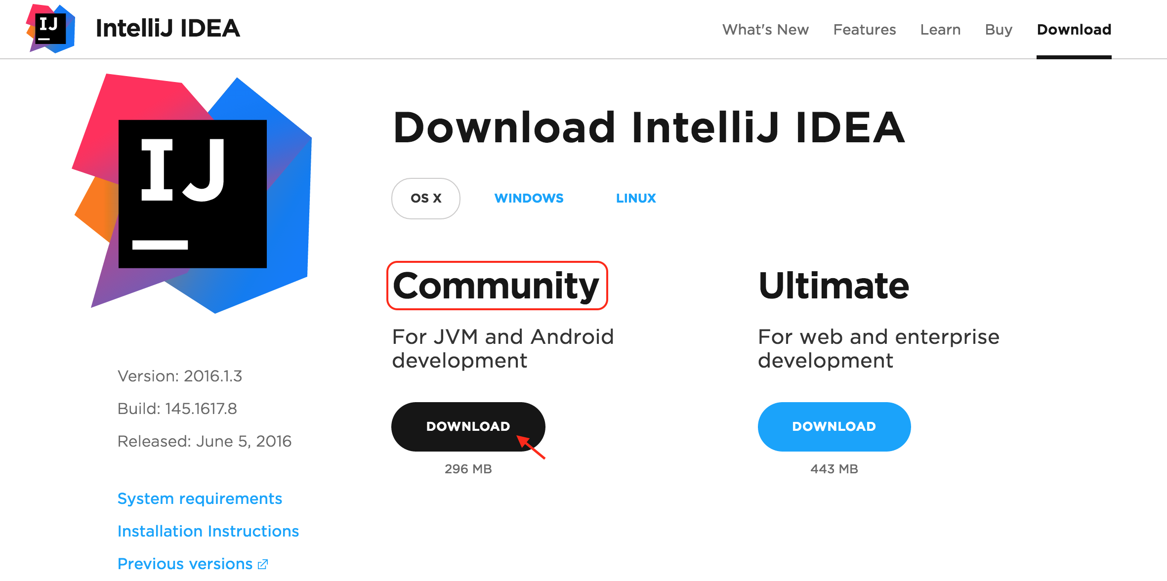 IntelliJ download page