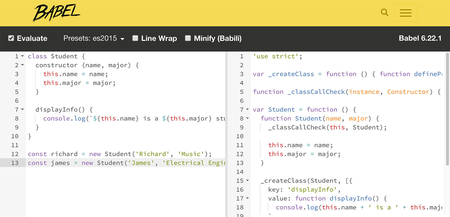 ES6 code on the left that's being transpiled to ES5 code on the right.