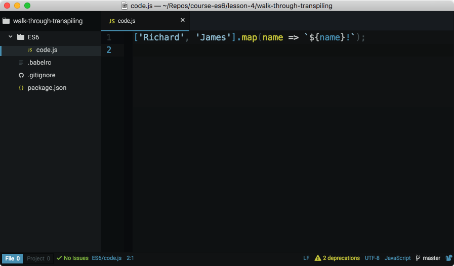 Code editor with ES6 code that will be transpiled.