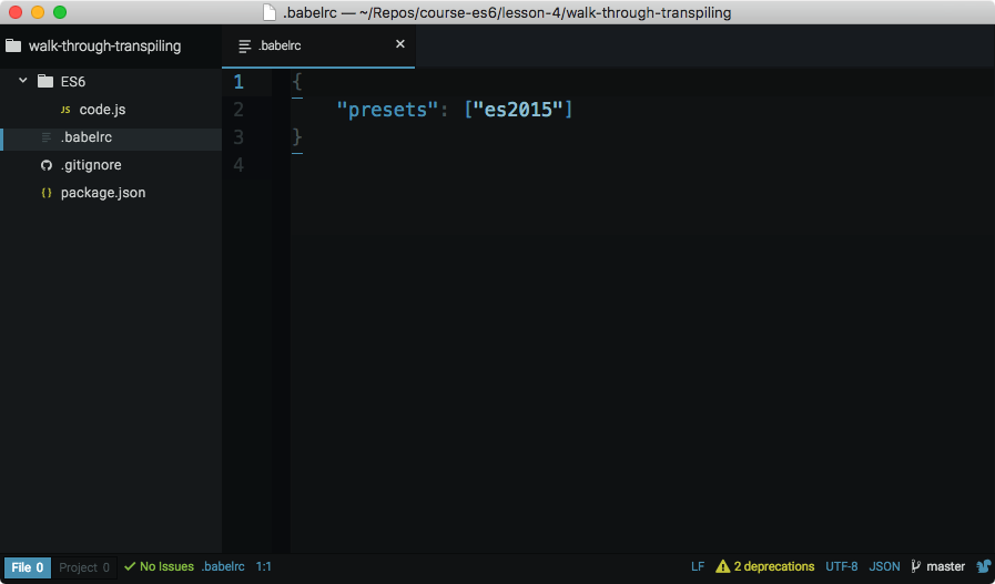 Code editor with `.babelrc` file that has ES2015 preset listed.