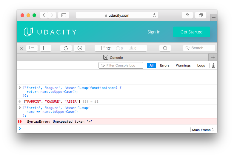 _Attempting to run an arrow function in Safari 9, which does not support arrow functions. The result is a syntax error._