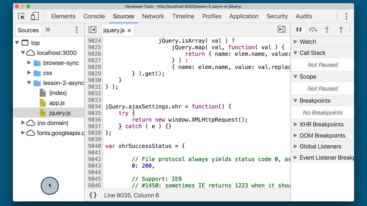 _A breakpoint set in the jQuery source file right where new XMLHttpRequest object is created_