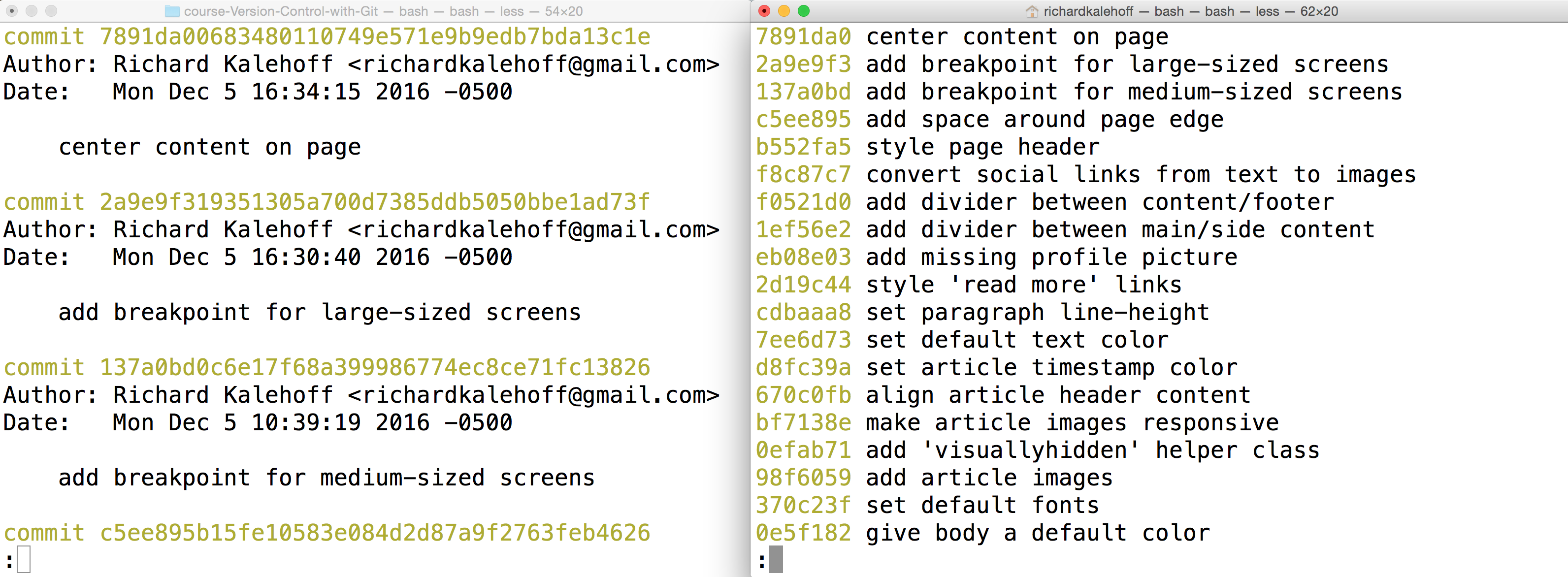 _Two Terminal applications side-by-side. The left one shows the result of the `git log` command with all of the information while the right one shows the result of the `git log --oneline` command with just the short SHA and the commit message._