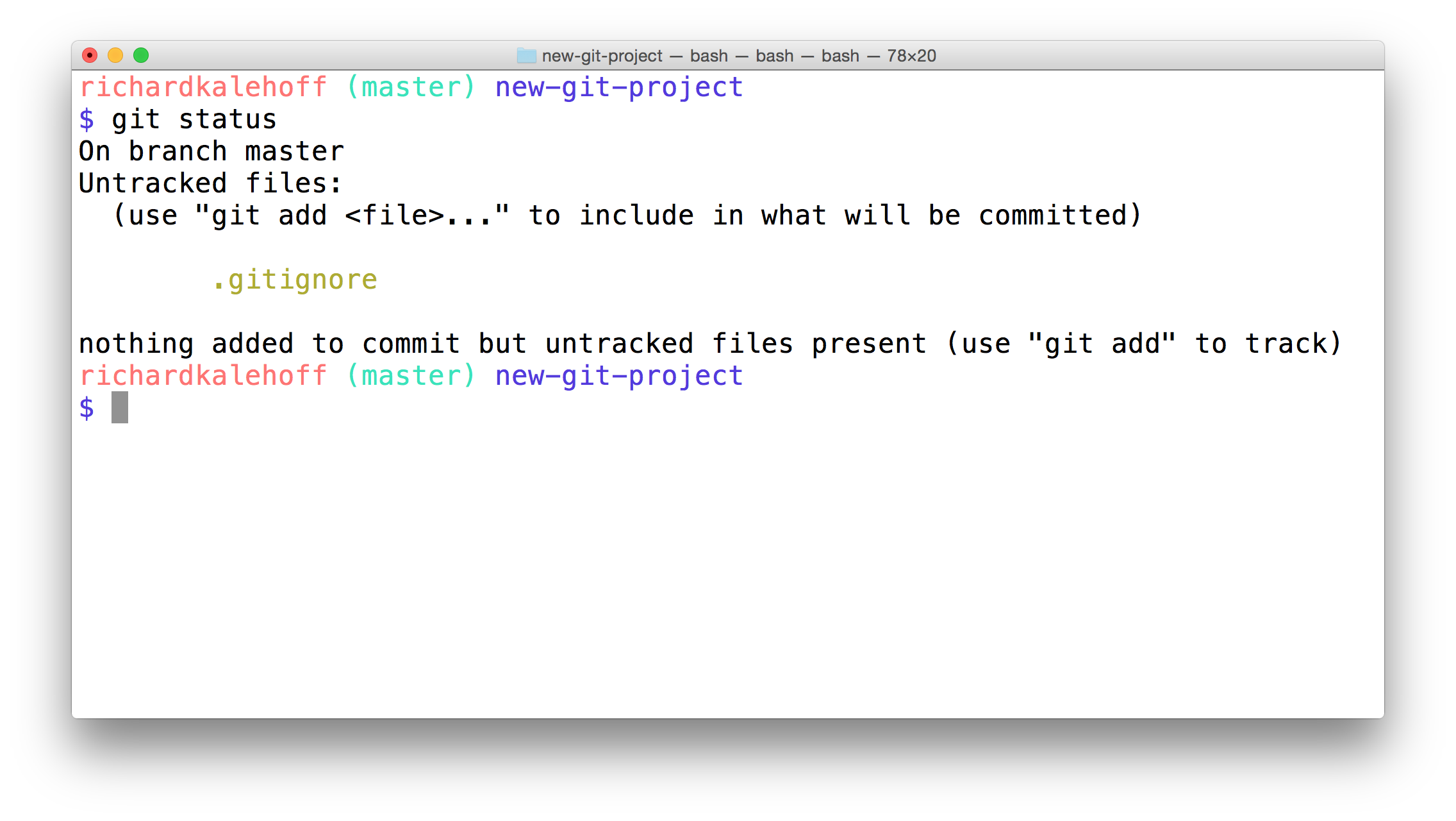 _The Terminal application showing the output of `git status`. The Word document is no longer listed as an untracked file. The new ".gitignore" file is listed, though._