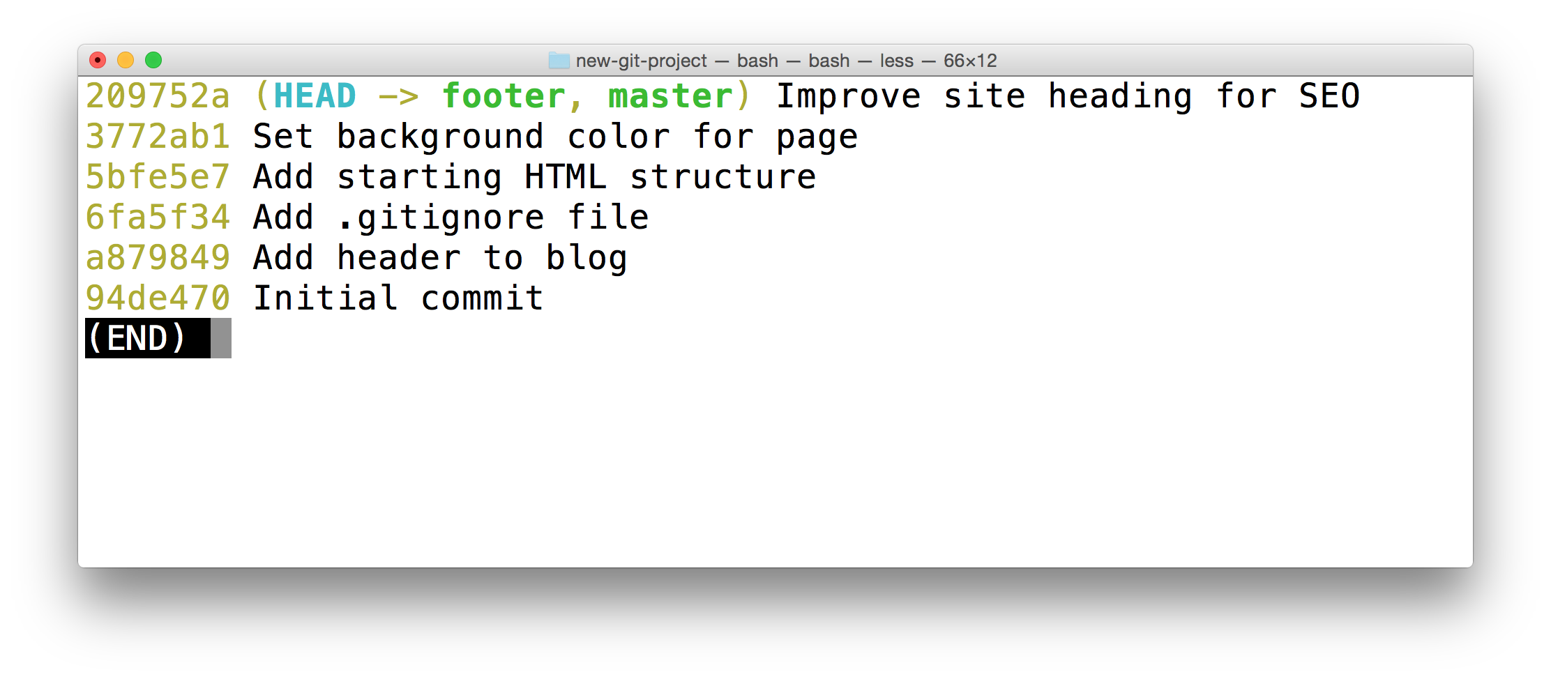 _The Terminal application showing the output of `git log --oneline --decorate`. The special `HEAD` pointer is pointing at the `footer` branch. The `footer` branch is on the same commit as the "master" branch._