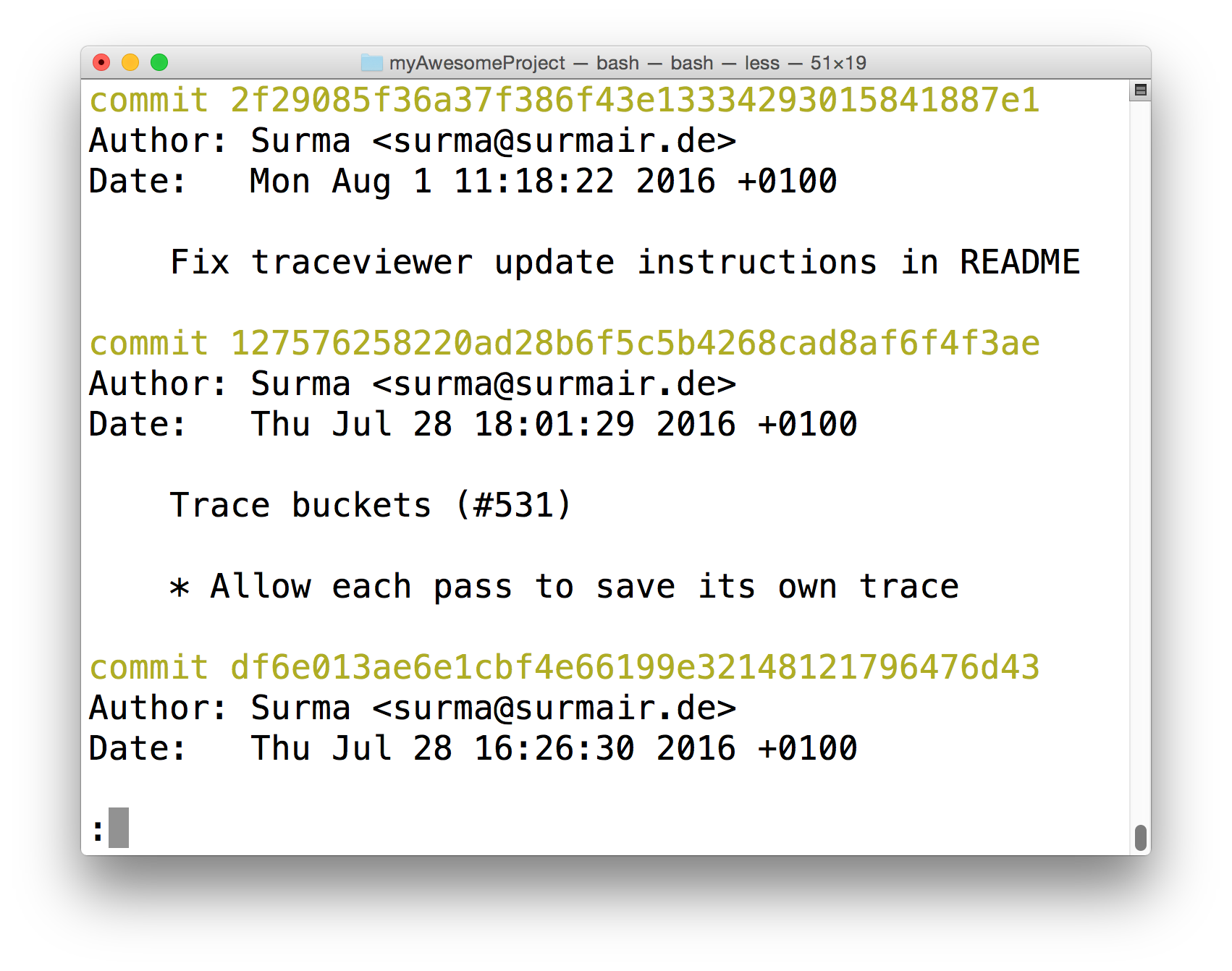 _The terminal application showing the result of running `git log --author=Surma`. The output displays only the commits that Surma made._