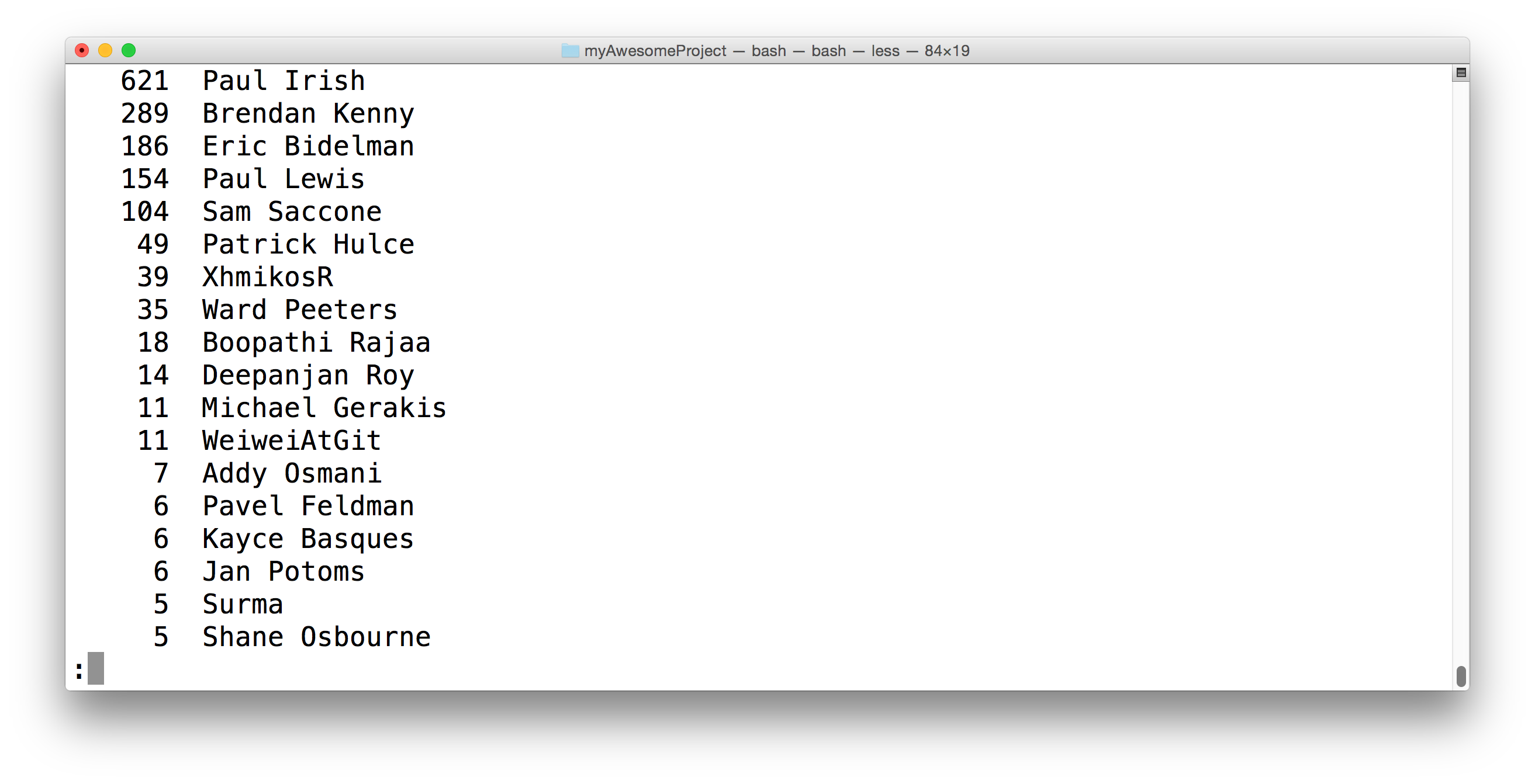 _`git shortlog` with the `-s -n` flags to show only the number of commits each author has made, sorted numerically._