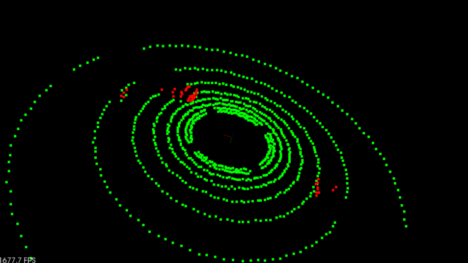 Segment and separating point clouds: road points in green, and other obstacle points in red