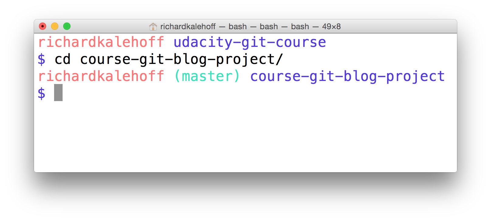 _Mac 的终端应用。终端使用 `cd` 命令从基础目录转移到 Git 仓库 course-git-blog-project 下。_