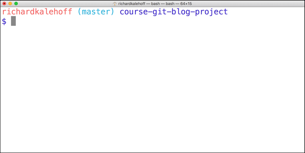 _终端应用的 GIF 动画。在 `course-git-blog-project` 项目中运行`git status` 命令。_