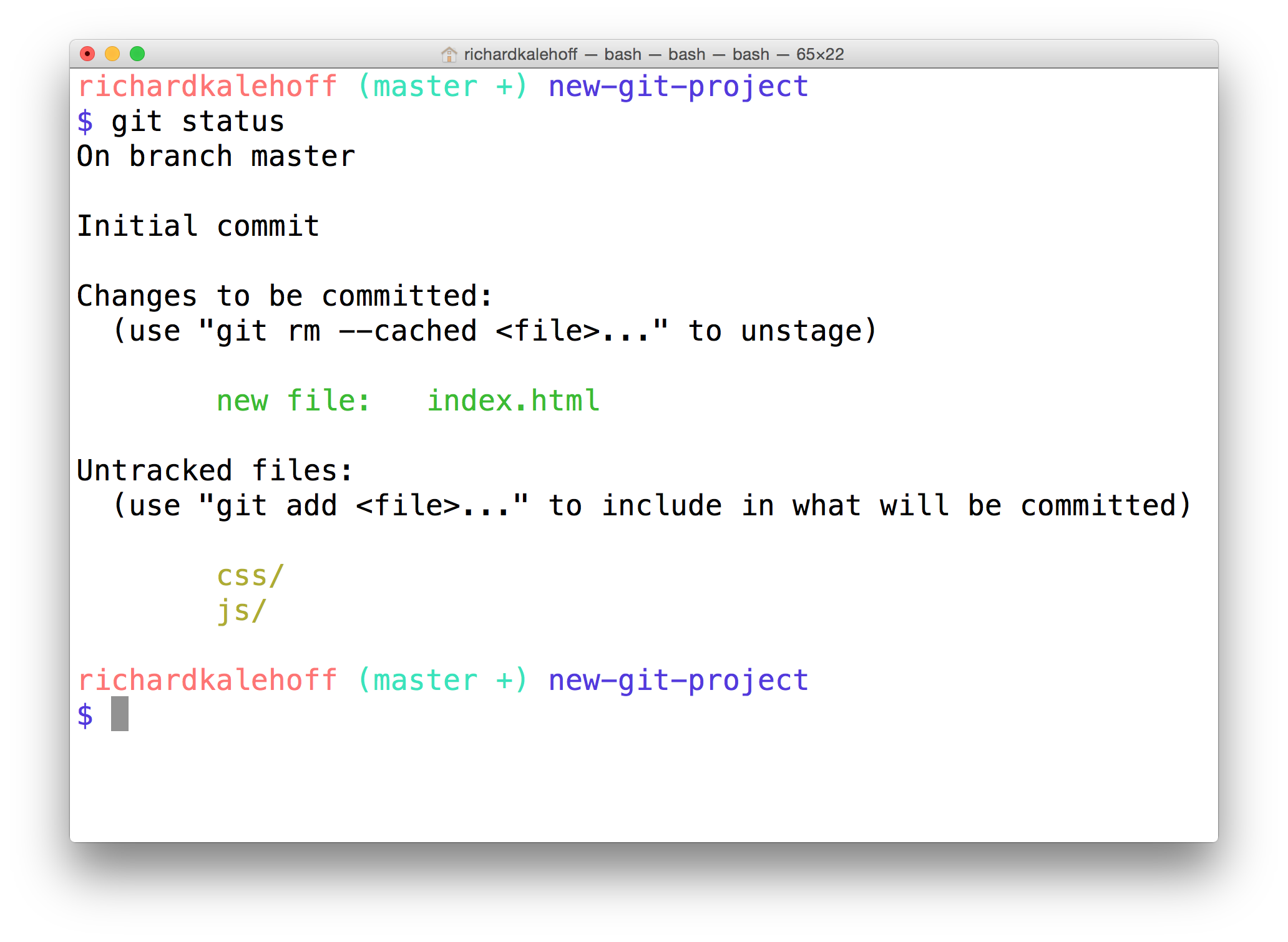 _终端运行 `git status` 命令的结果如下。它显示 index.html 现在位于"Changes to be committed"分类下。_