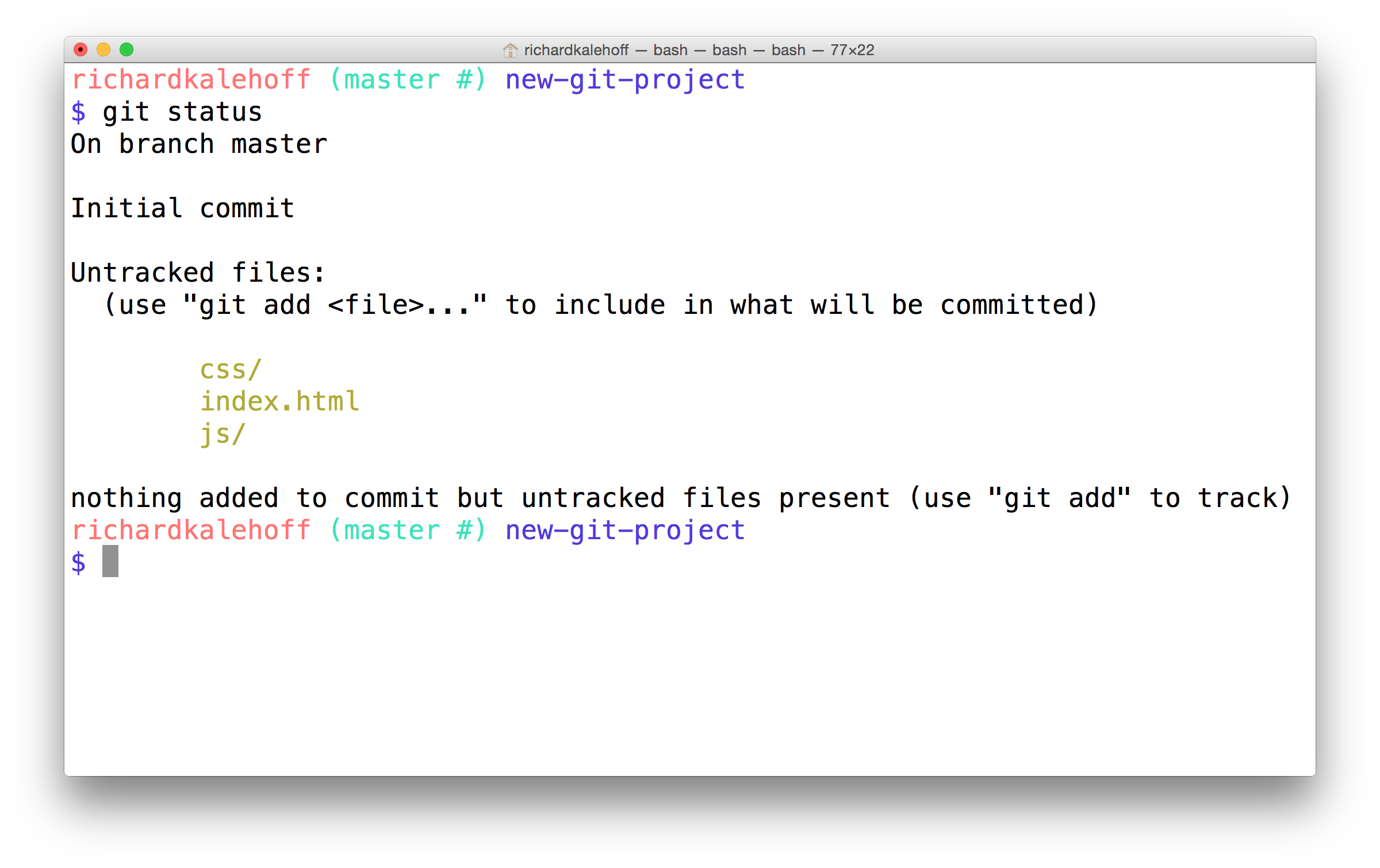 _终端在新加入的"Untracked files"部分显示了 index.html 文件，以及 css 与 js 文件夹。_