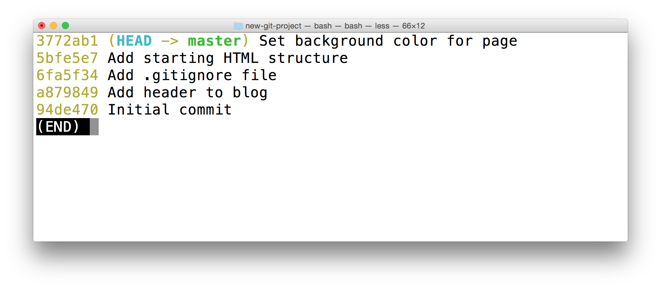 _终端显示了 `git log --oneline --decorate` 命令的输出结果。最近的 commit 向页面上添加了默认背景色。_