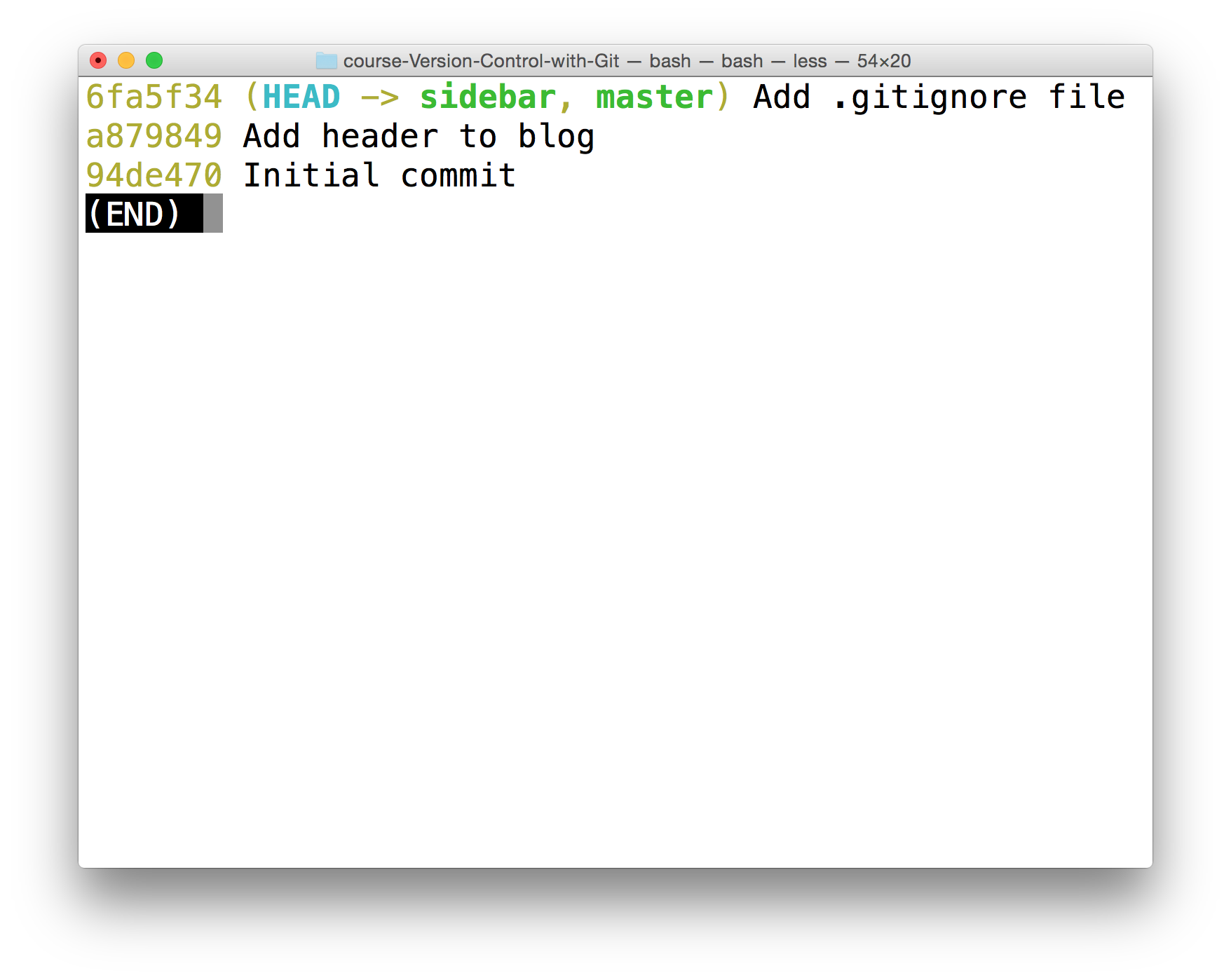 _终端显示了 `git log --oneline --decorate` 命令的输出结果。单词"HEAD"具有一个指向"sidebar"的箭头，后者是当前分支。_