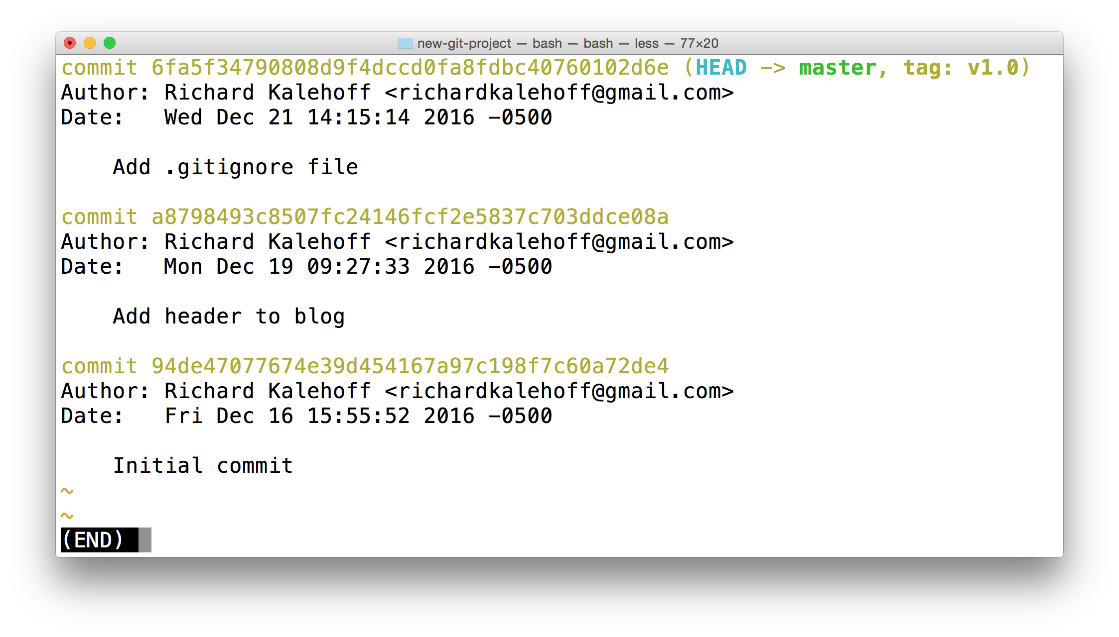 _终端显示了 `git log --decorate` 命令的输出结果。现在的日志输出显示了新建的标签。_