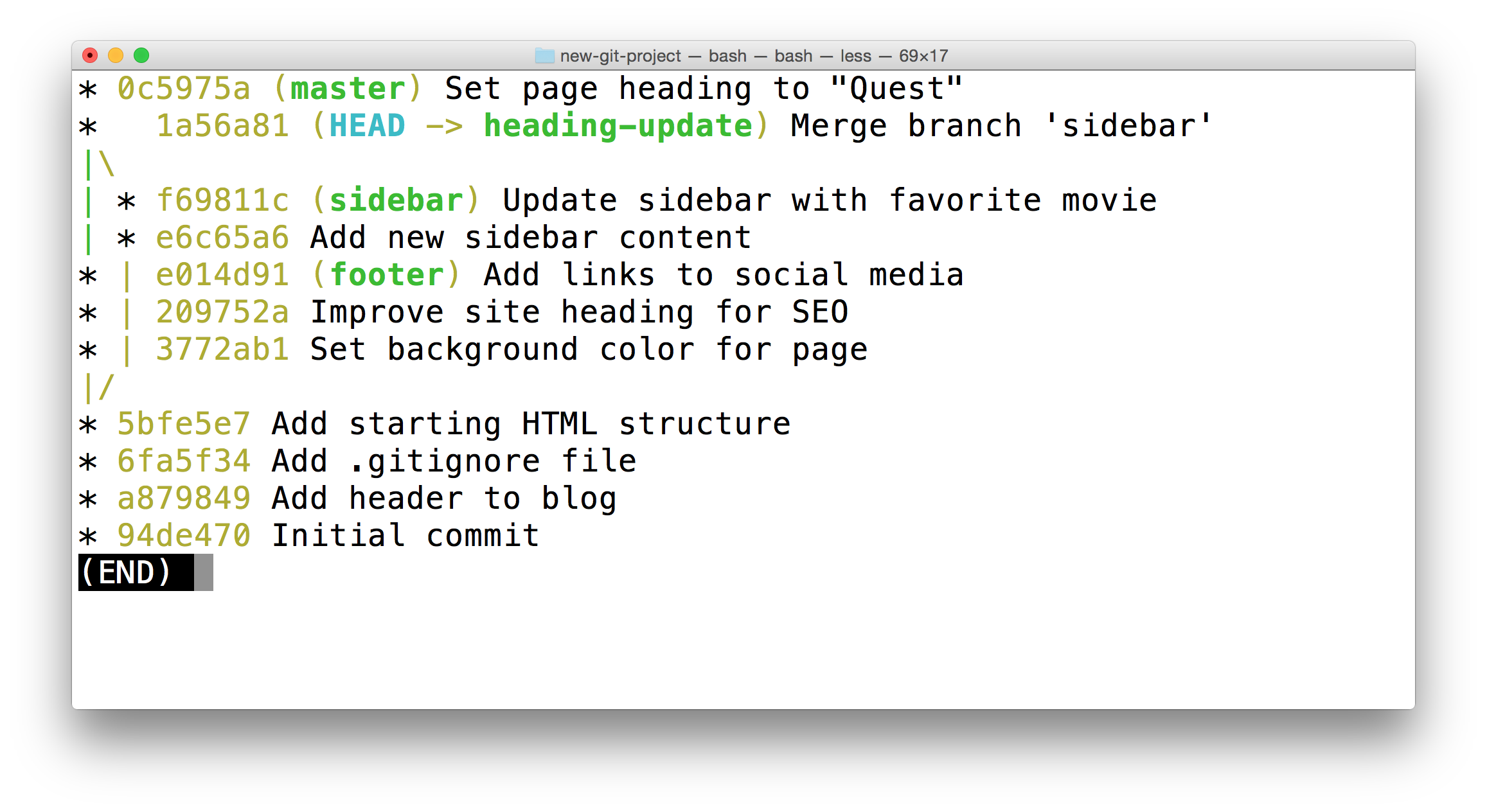 _终端显示了 `git log --oneline --decorate --graph --all` 的输出结果。当前被检出的分支为 `heading-update` 。_