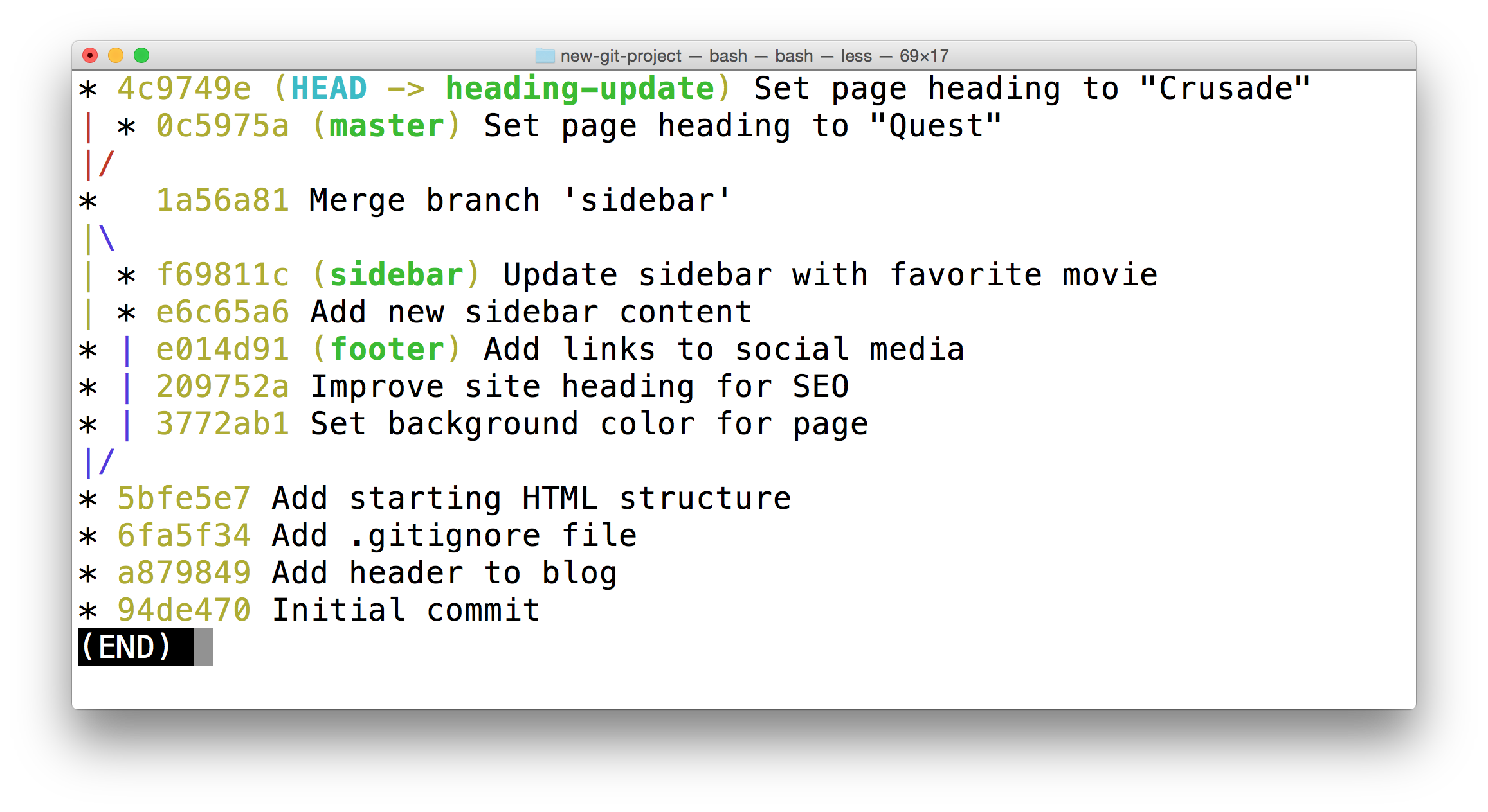 _终端显示了 `git log --oneline --decorate --graph --all` 的输出结果。`master` 分支和 `heading-update` 分支都更改了同一文件的同一行。_