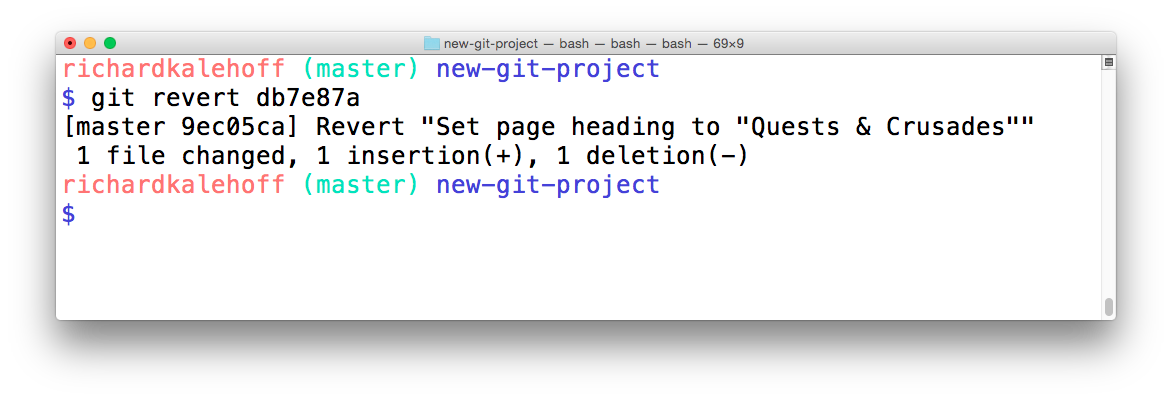 _终端显示了还原 commit 操作的输出结果。输出结果显示了被还原的 commit 中的提交说明。它还新建了一个 commit 来记录这一更改。_
