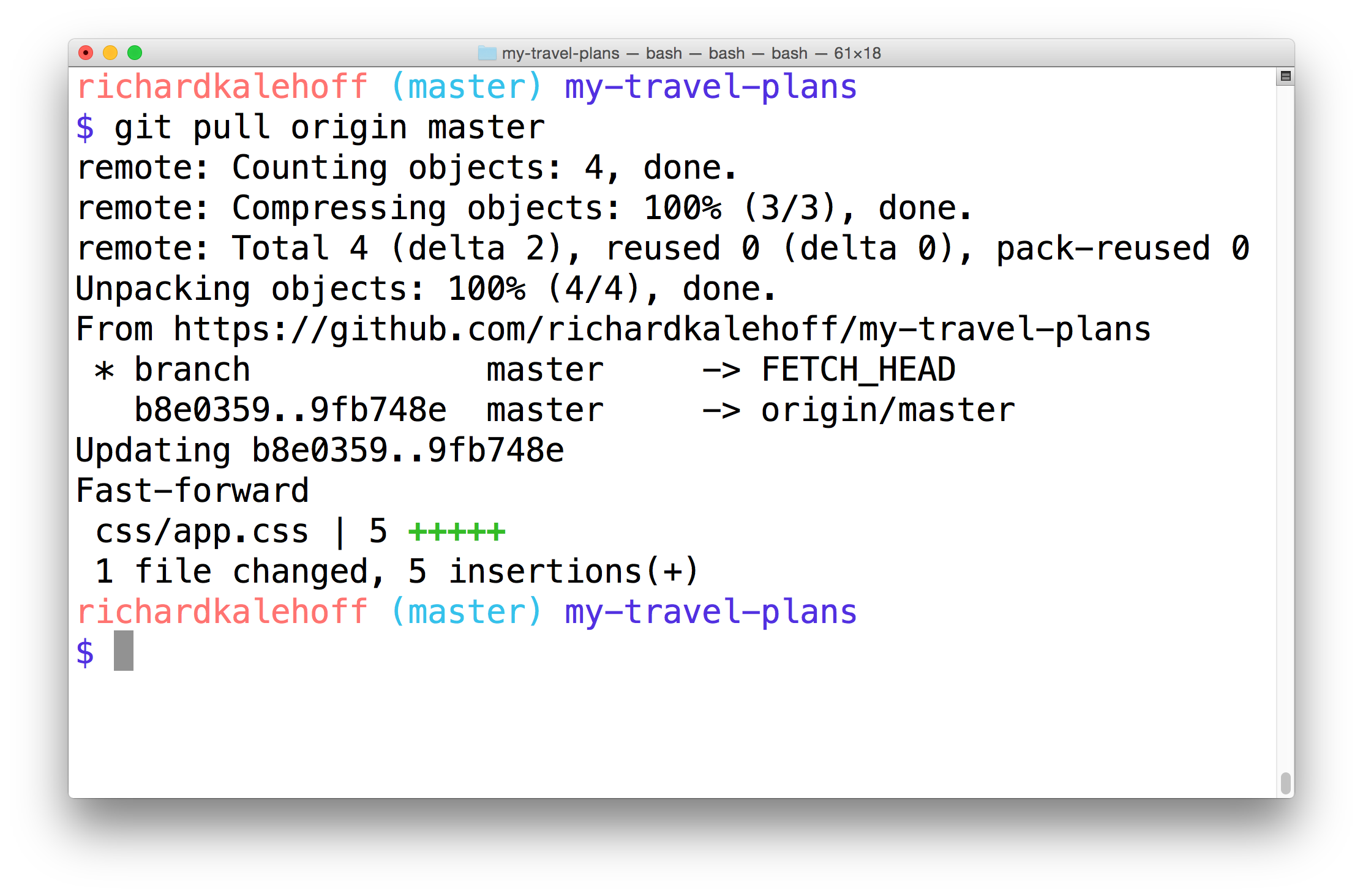 _运行 `git pull origin master` 会检索 `origin` 远程仓库 `master` 分支中的 commit 。_