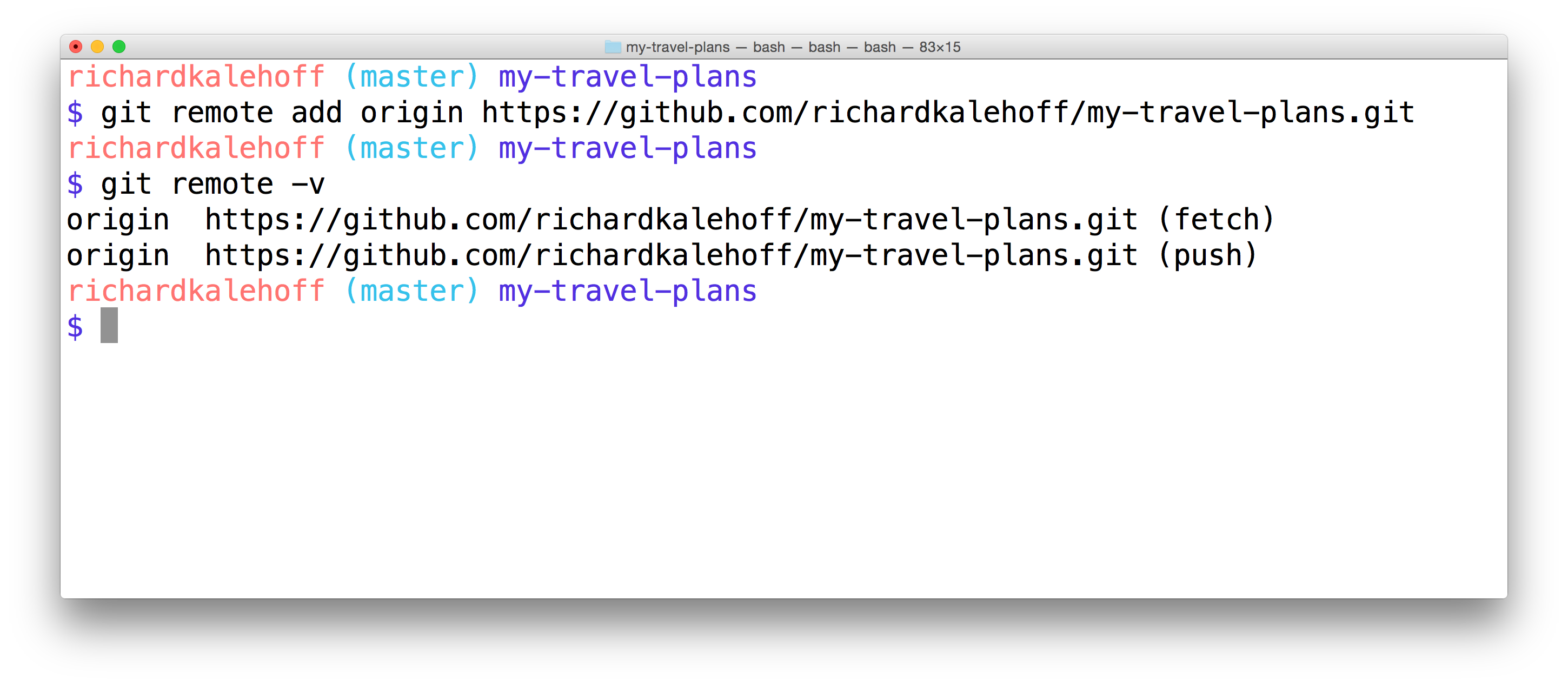 _`git remote add` 用于创建一个 `origin` 简写名，指向 GitHub 上的项目。运行 `git remote -v` 会显示简写名和 URL。_