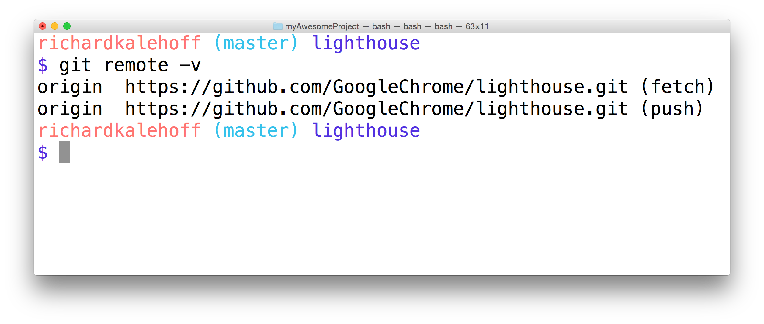 
_终端在运行 `git remote` 命令。输出包含简写名及其所指的完整 URL。_
