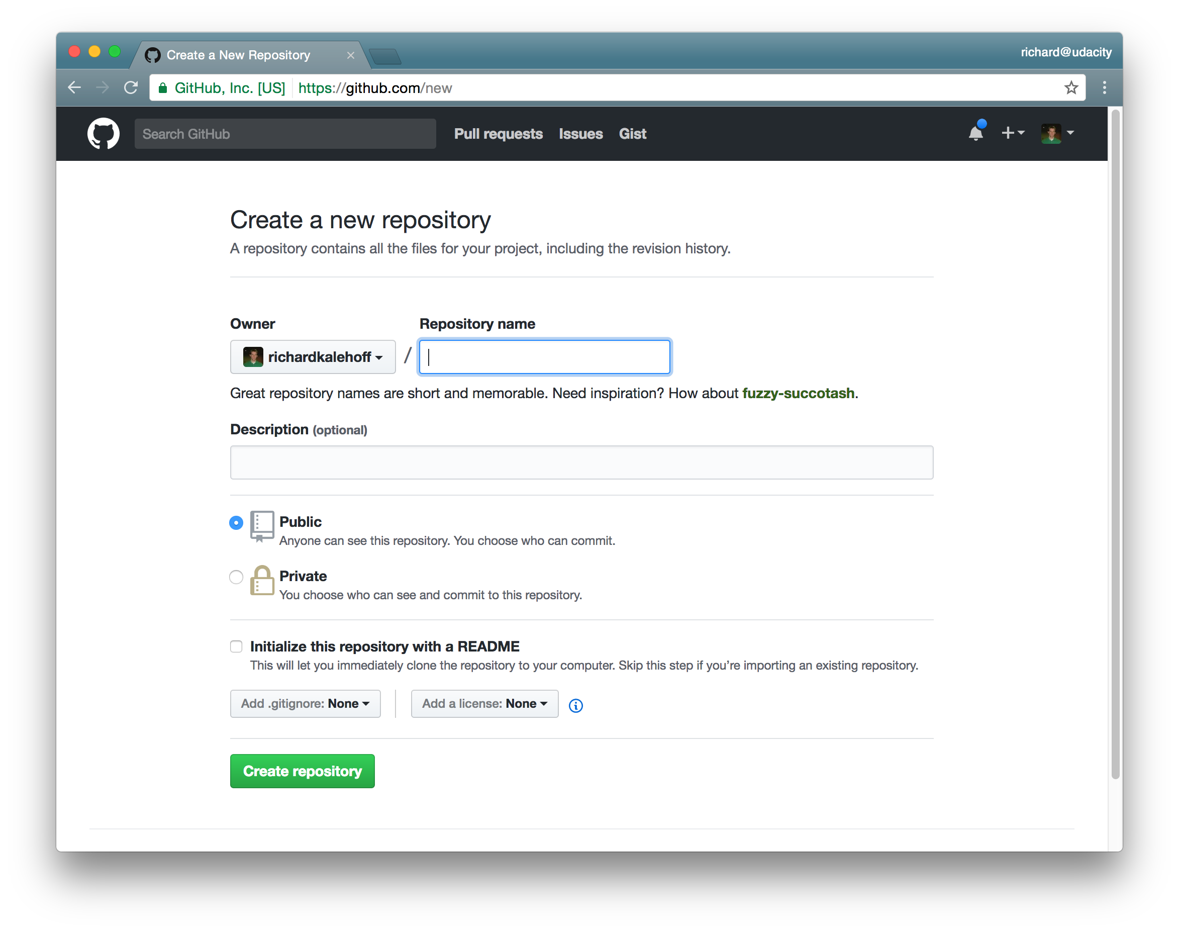 _GitHub 的创建新仓库页面。唯一必填的字段为 `Repository name` 字段。_