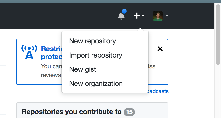 _点击 GitHub 标题中的加号图标会显示一个选项下拉列表，其中一个选项是"New repository"链接。_