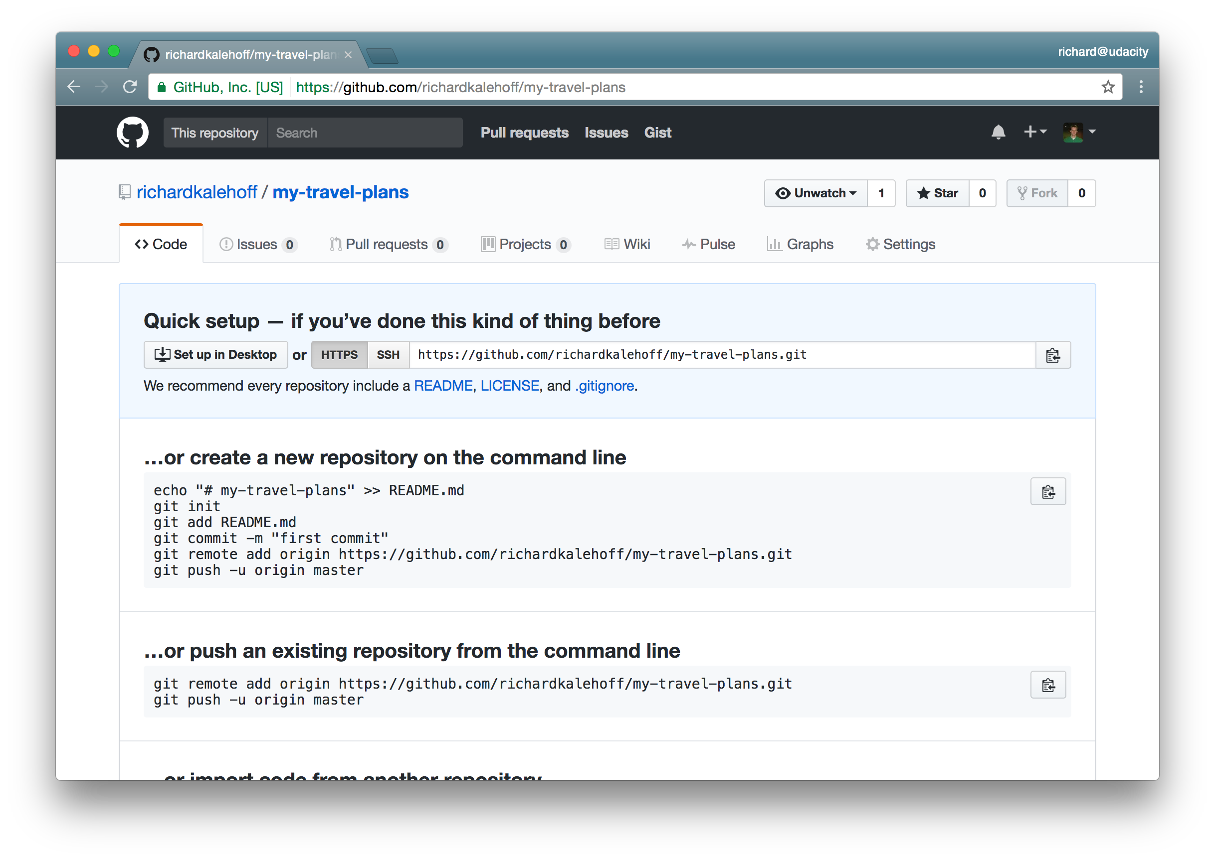 _远程仓库不包含任何 commit ，所以 GitHub 显示出仓库的设置页面。_