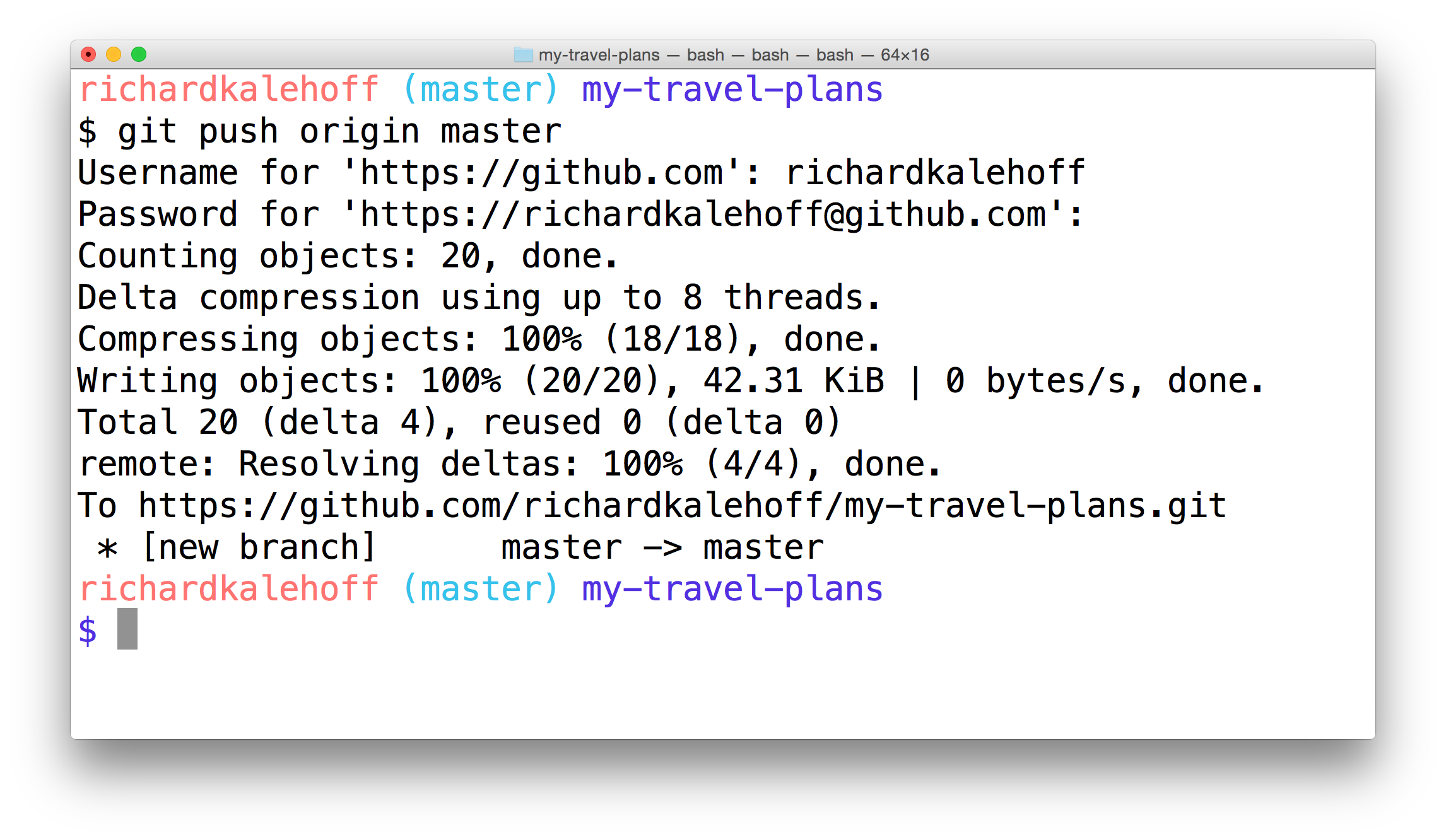 _终端现在正在显示 `git push` 命令。它向我索取用户名、密码（不显示出来），然后显示关于它如何推送 commit 的信息。_