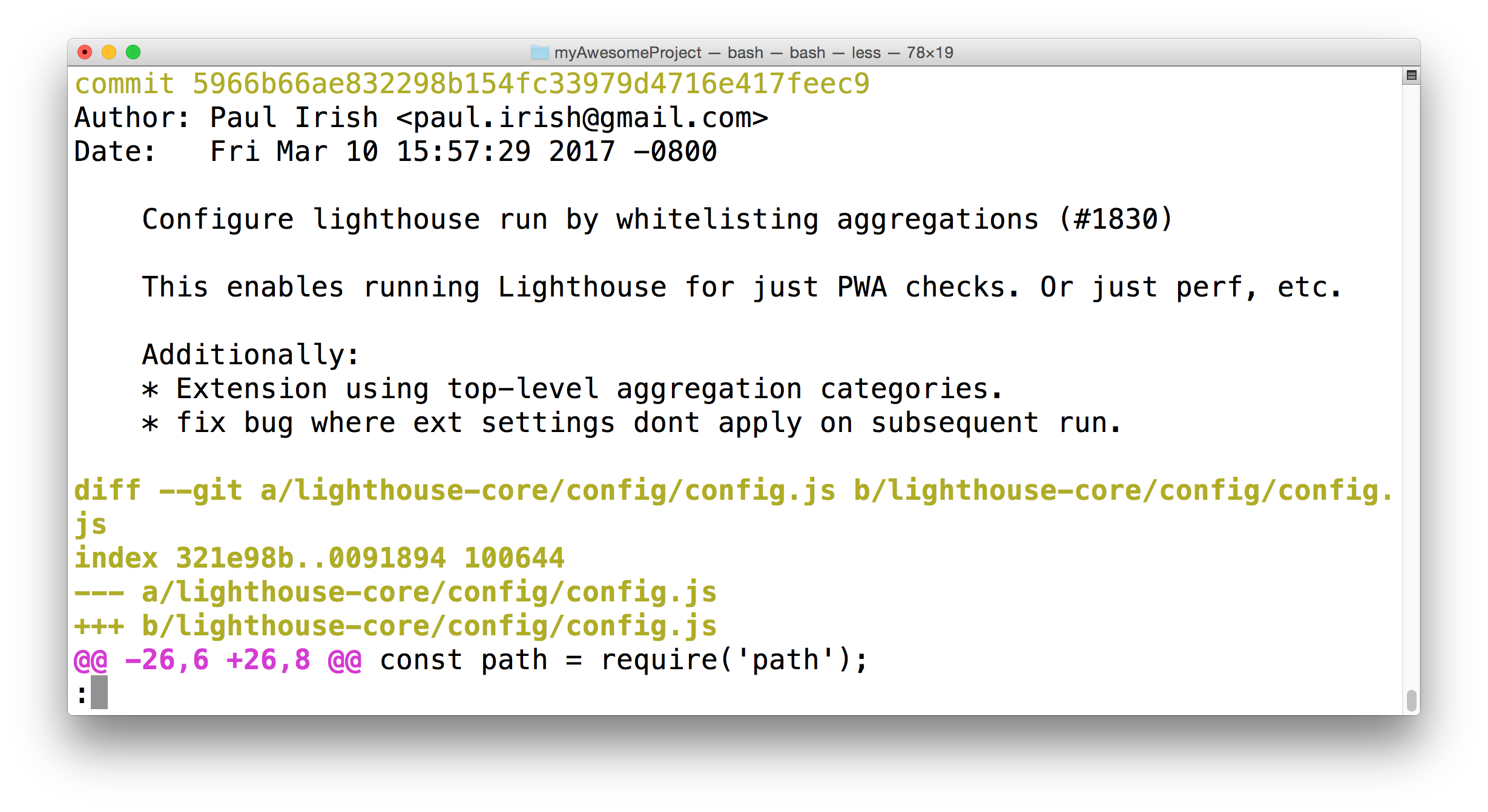 _终端应用显示了 Lighthouse 项目中的 commit `5966b66`。作者提供了关于此 commit 的额外信息。_