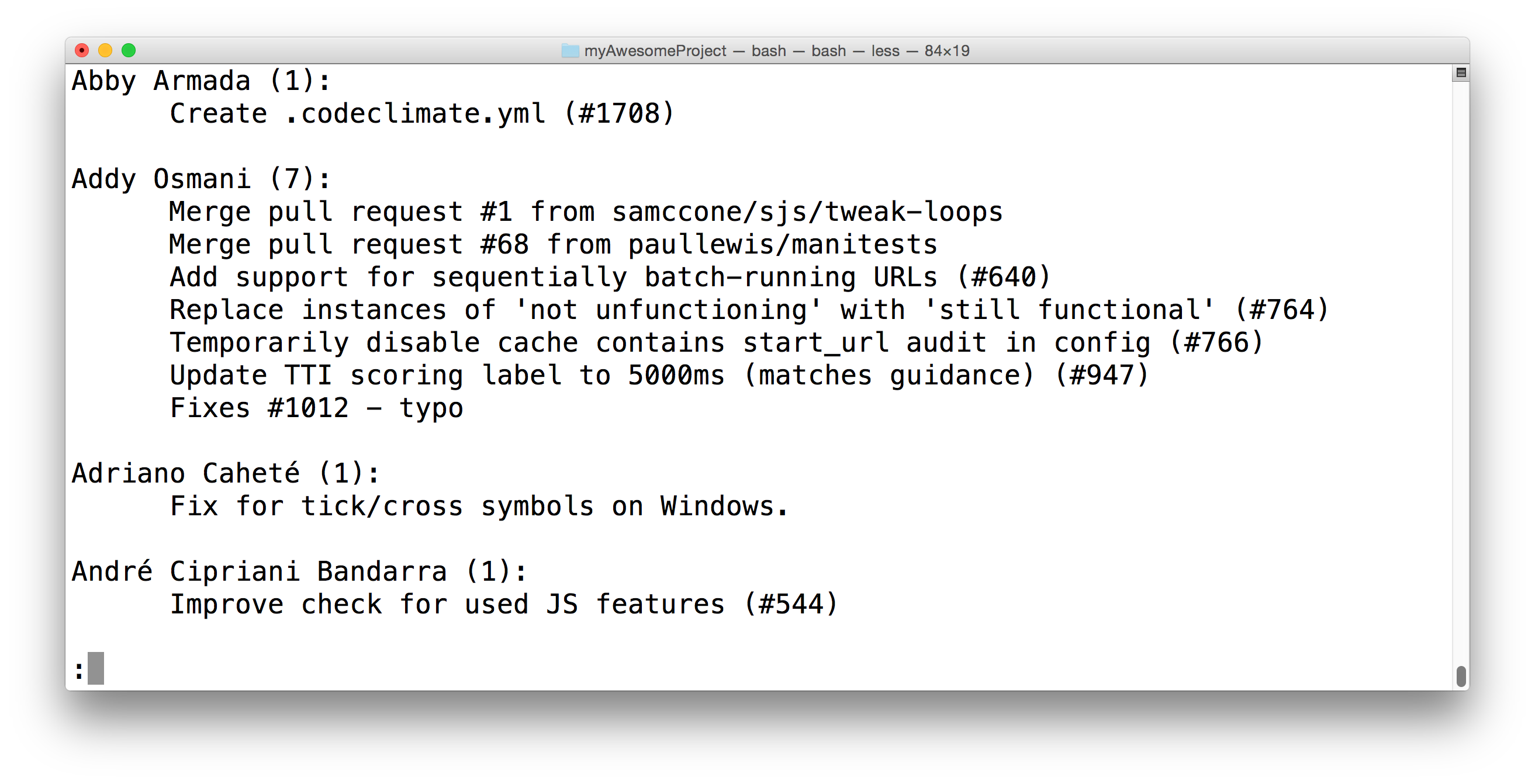 _终端正在显示运行 `git shortlog` 命令的结果。它显示了按作者排序的所有 commit 。_