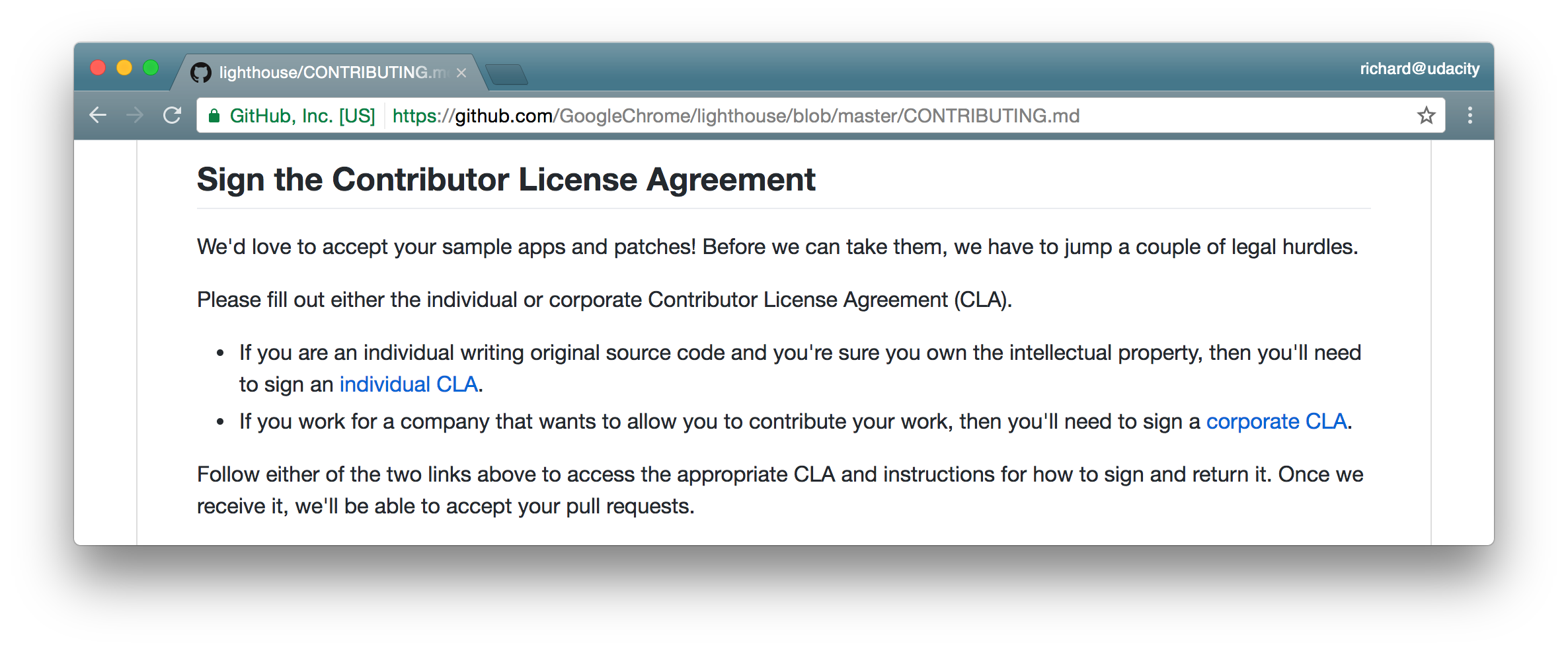 _Google 的 Lighthouse 项目中 CONTRIBUTING.md 文件的“贡献者许可协议”（Contributor License Agreement）部分。_