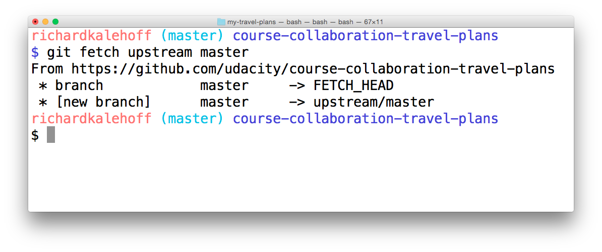 _终端显示了运行 `git fetch upstream master` 的结果。一个新的分支添加到了本地仓库。_