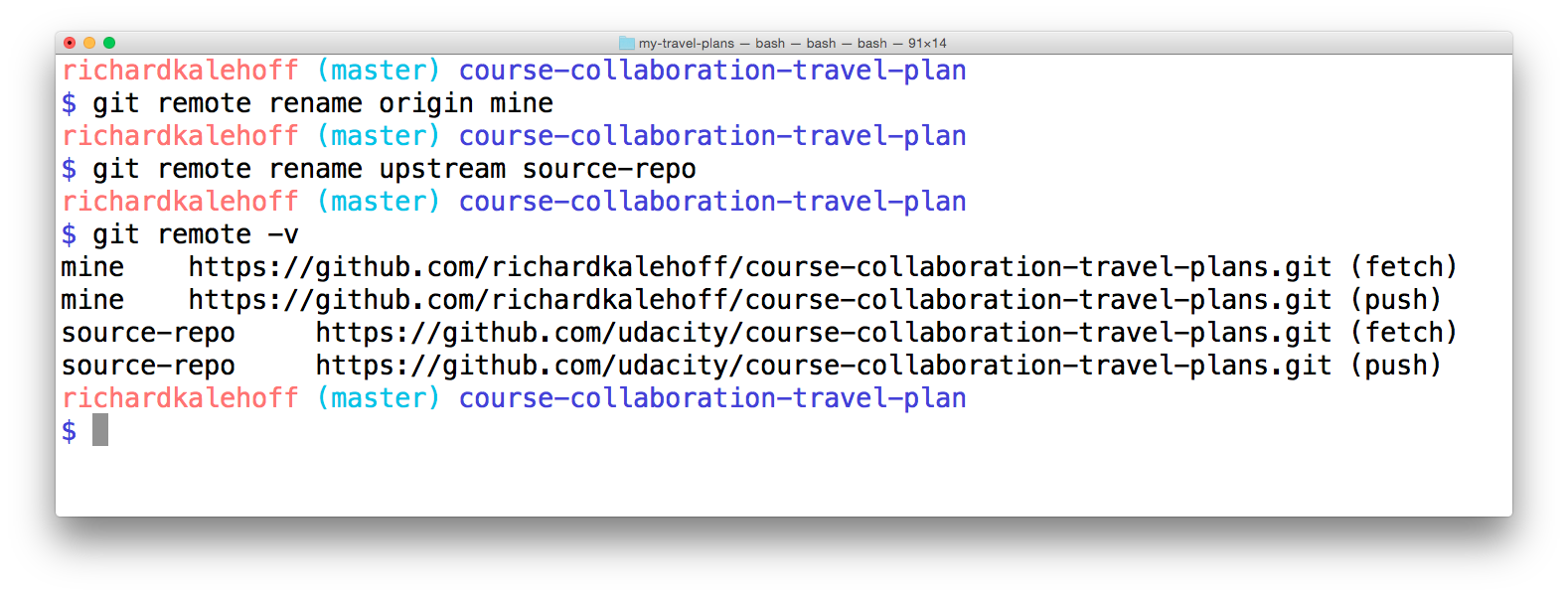 _使用 `git remote rename` 命令将 `origin` 重命名为 `mine`，以及将 `upstream` 重命名为 `source-repo`。_