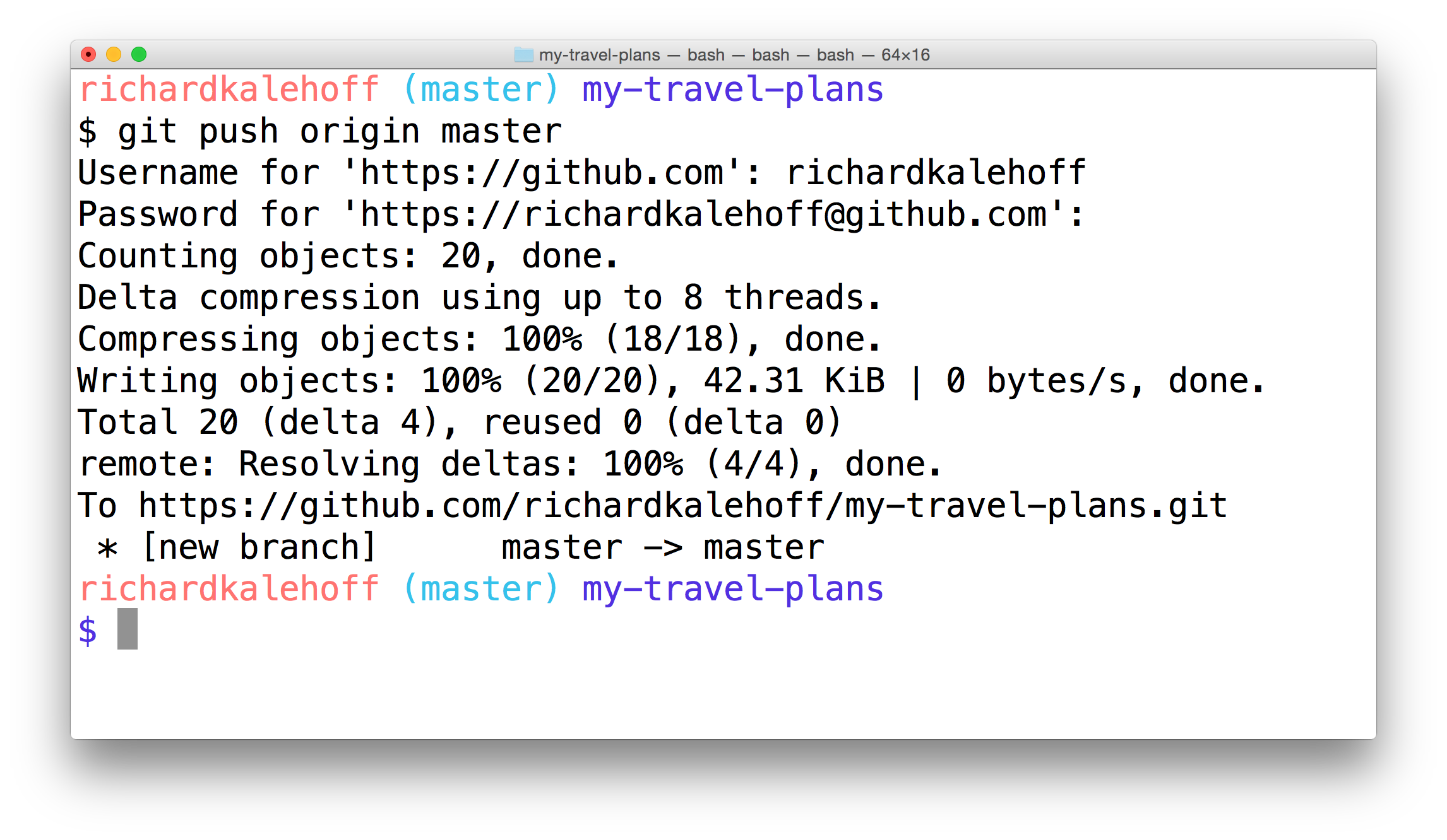 _The terminal application showing the `git push` command. It asks for my username, password (which isn't displayed), and then displays information about what it's doing to send the commits._